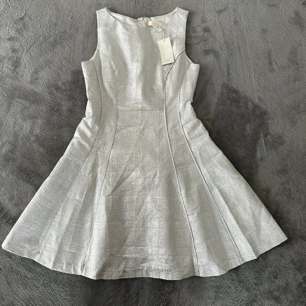 NWT Erin Fetherston Tillie Fit & Flare Metallic White Silver Cocktail Dress 8